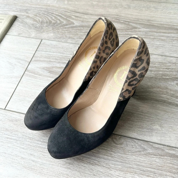 Leopard Black Suede Leather Block Heel Pumps Made in Italy - Picture 2 of 15